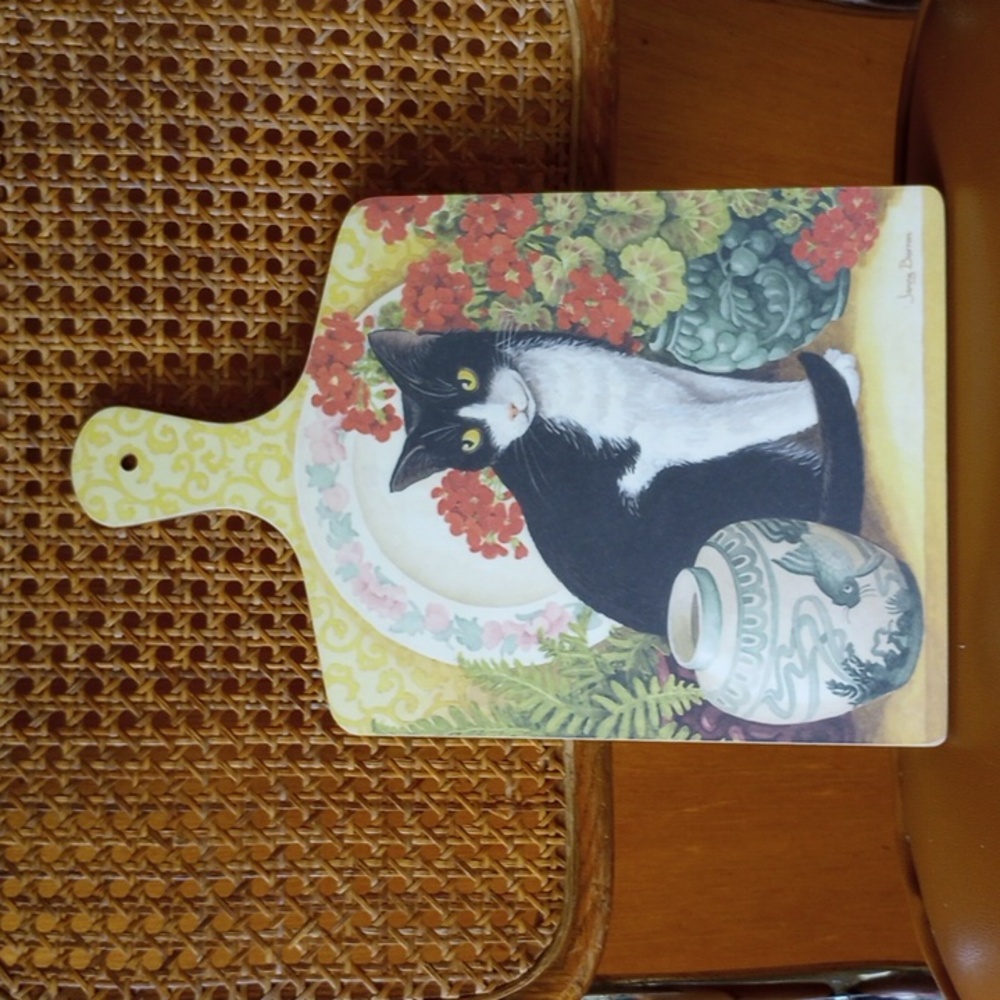 Chopping Board w/ Black & White Cat & Red Flowers, Imported from England